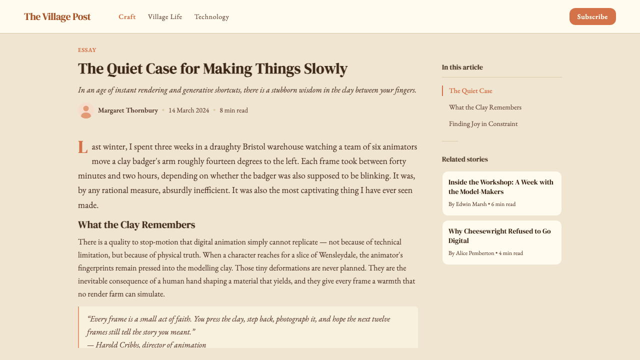 Aardman Claymation design style applied to a Article page