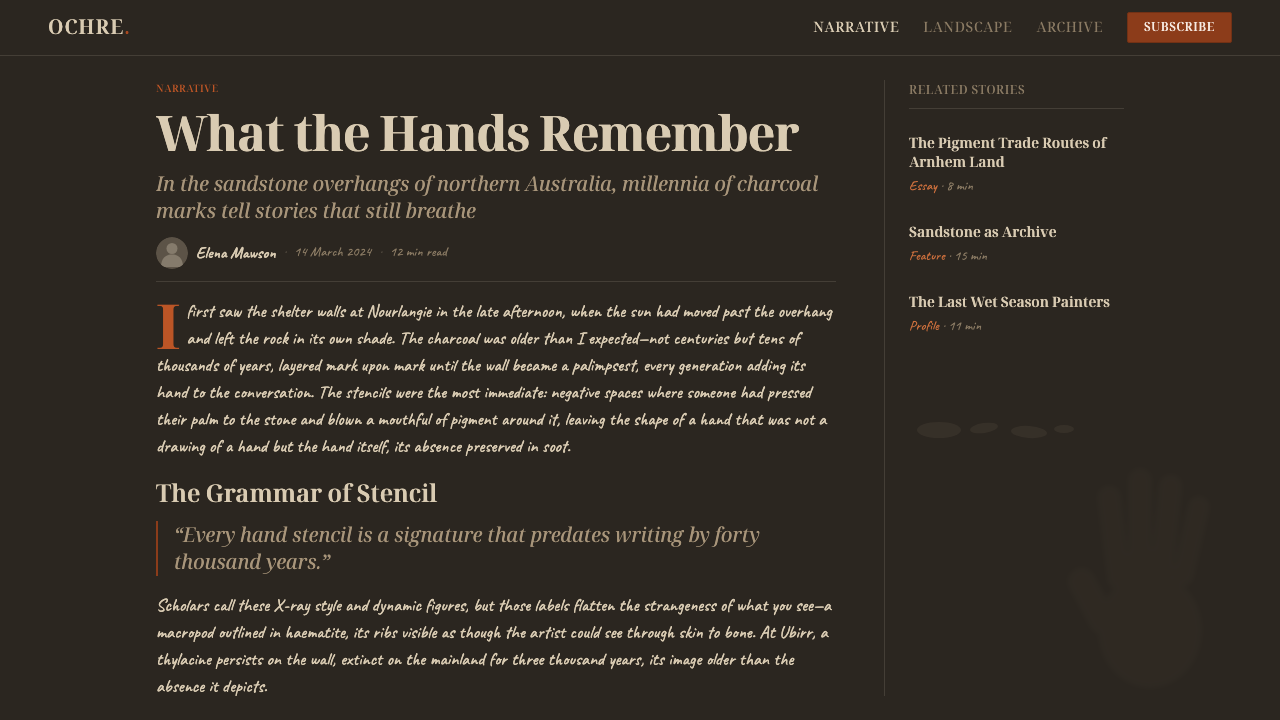 Kakadu Rock Shelter Charcoal design style applied to a Article page