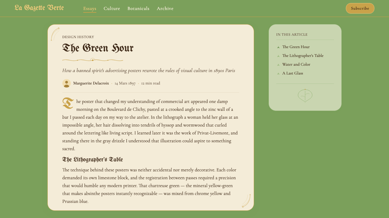 Absinthe Art Nouveau Green (1875) design style applied to a Article page