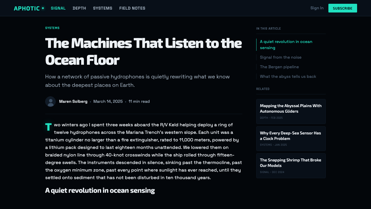 Abyssal Bioluminescence design style applied to a Article page