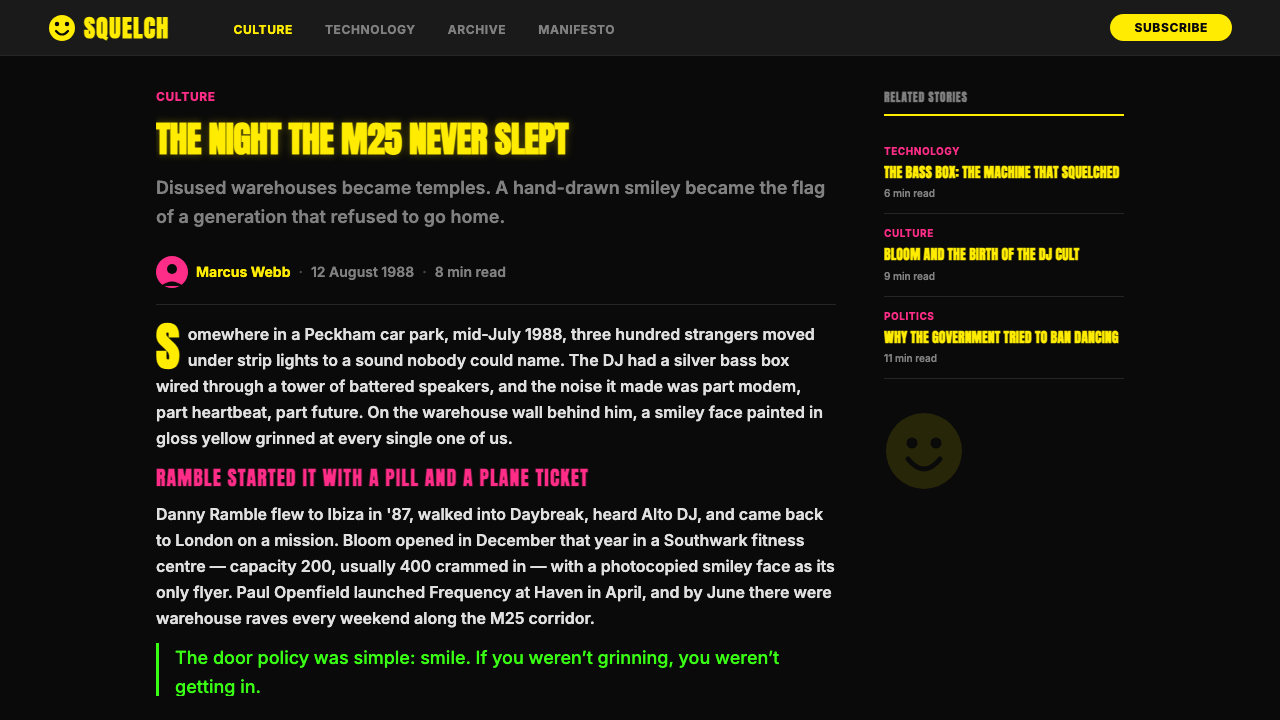 Acid House Smiley (1988) design style applied to a Article page