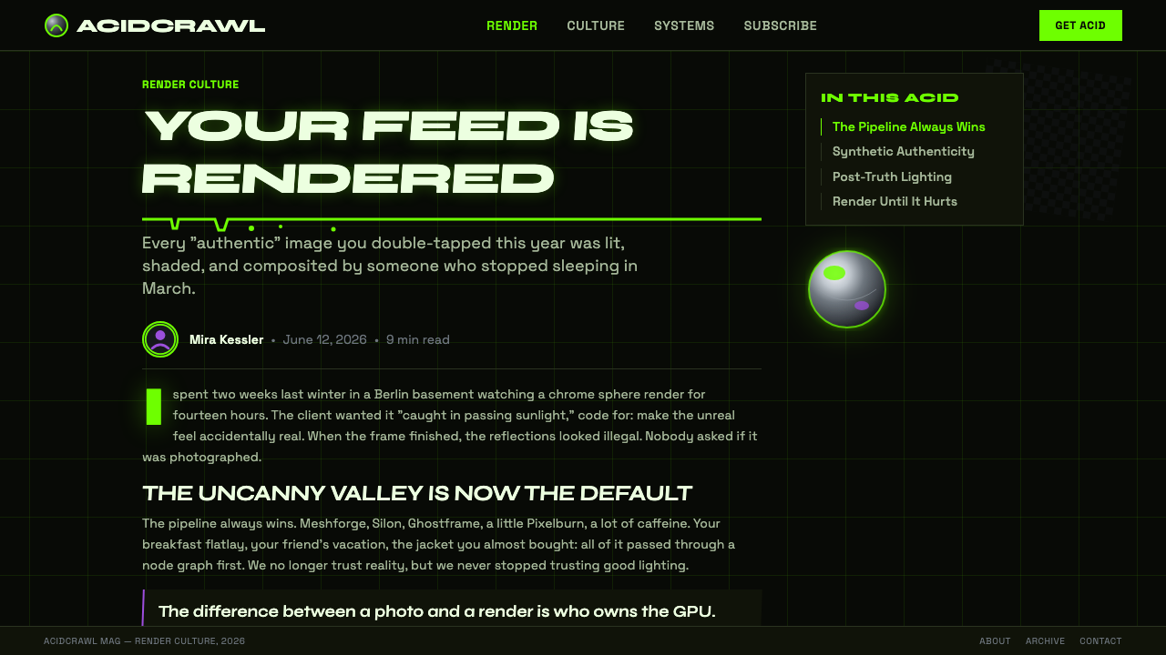 Acidwave 3D Render design style applied to a Article page