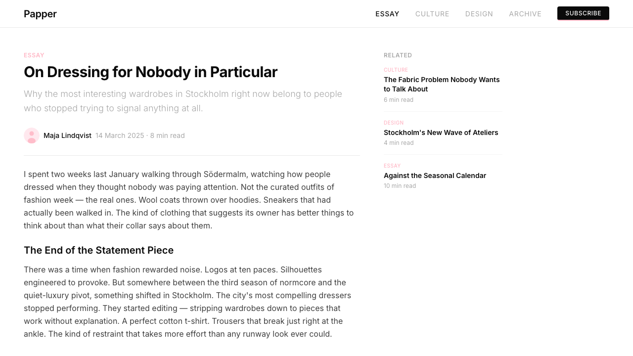 Acne Studios Pink-Paper design style applied to a Article page