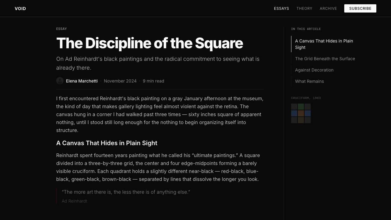 Ad Reinhardt Black Painting (1953) design style applied to a Article page