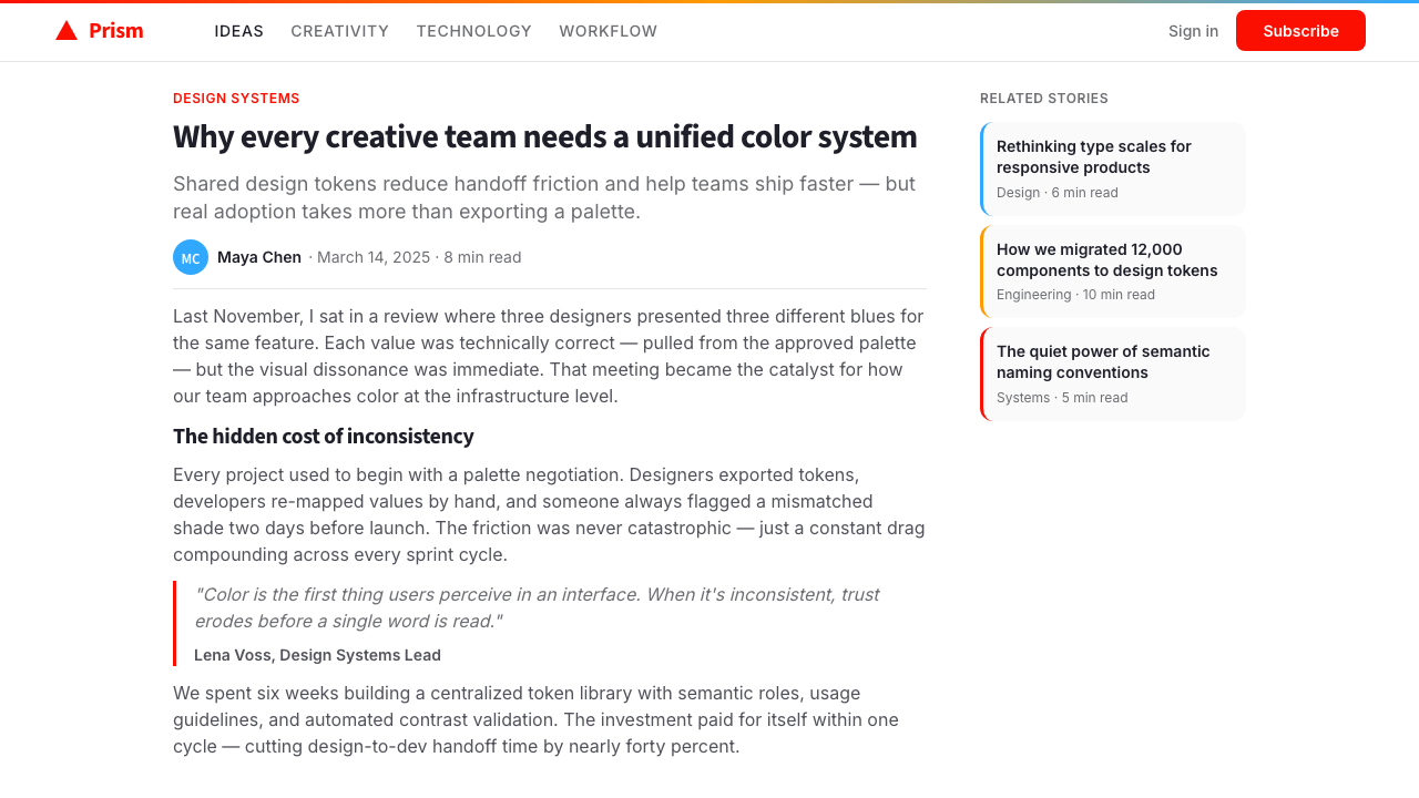 Adobe Creative Cloud design style applied to a Article page