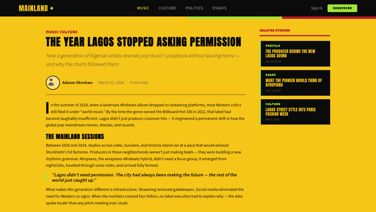 Afrobeats Album Art 2024 design style applied to a Article page