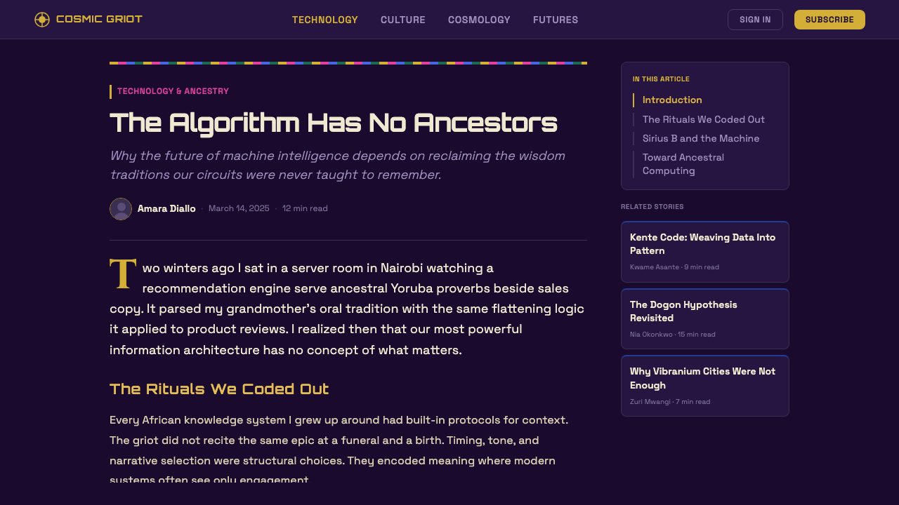 Afrofuturism design style applied to a Article page