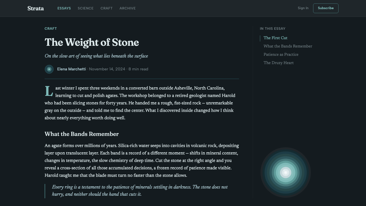 Agate Cross-Section design style applied to a Article page