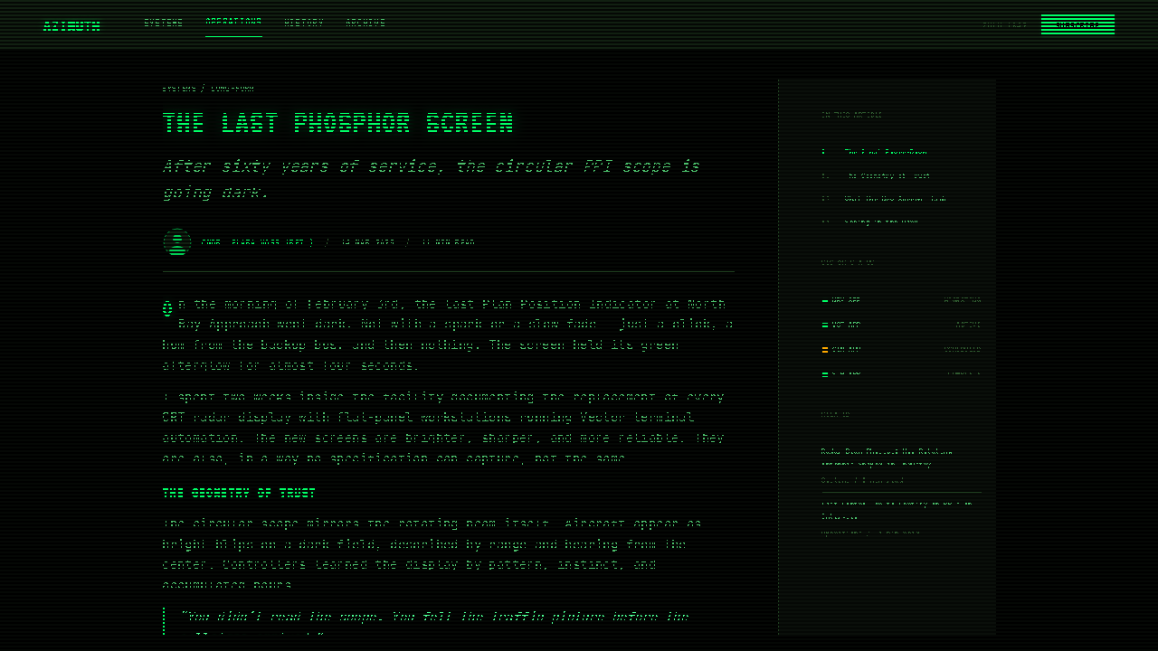 Air Traffic Control Radar design style applied to a Article page