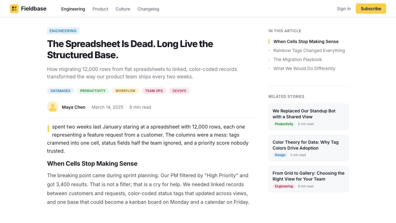 Airtable Spreadsheet-Rainbow design style applied to a Article page