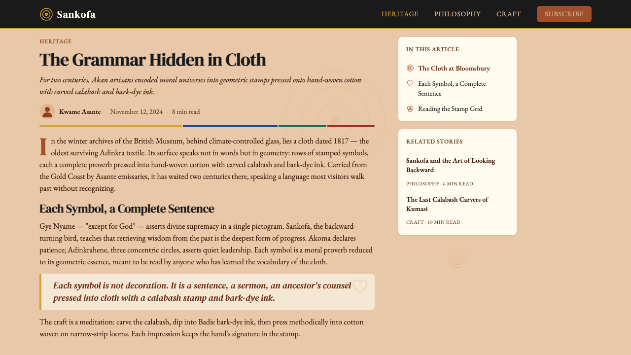 Akan Adinkra (Ghana) design style applied to a Article page
