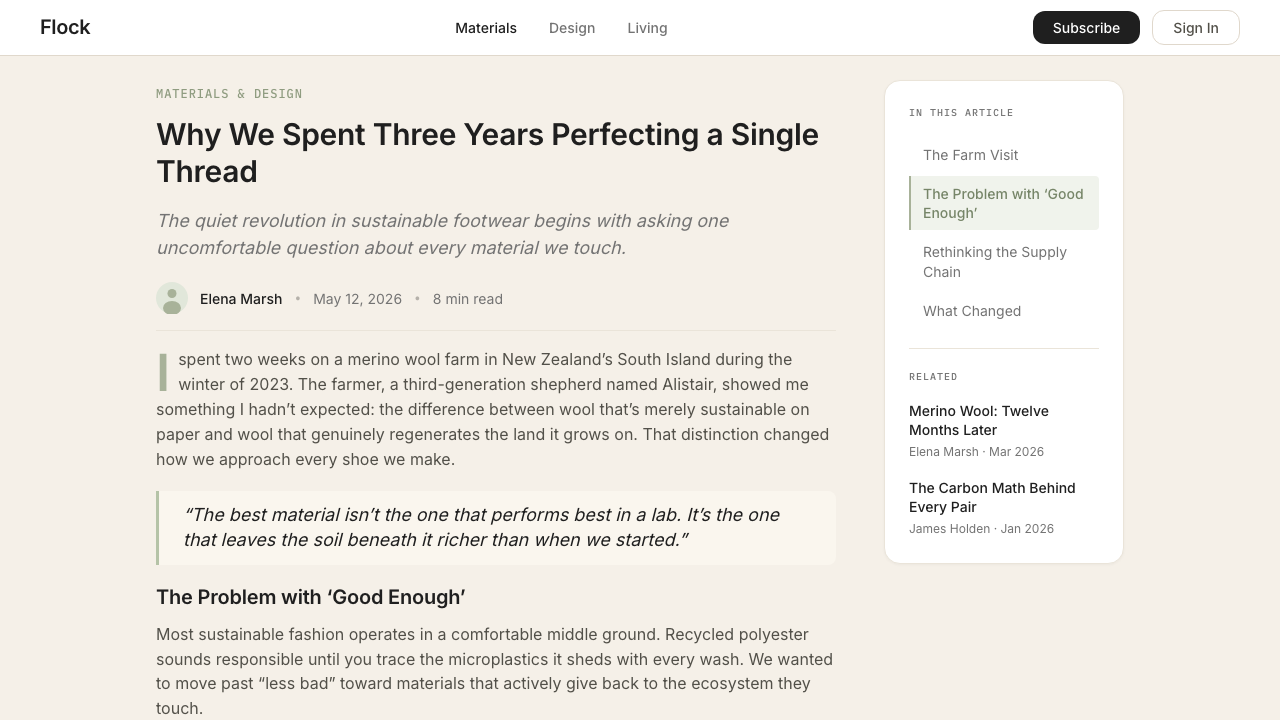 Allbirds design style applied to a Article page