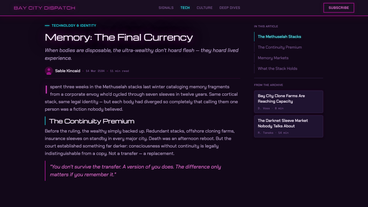 Altered Carbon design style applied to a Article page