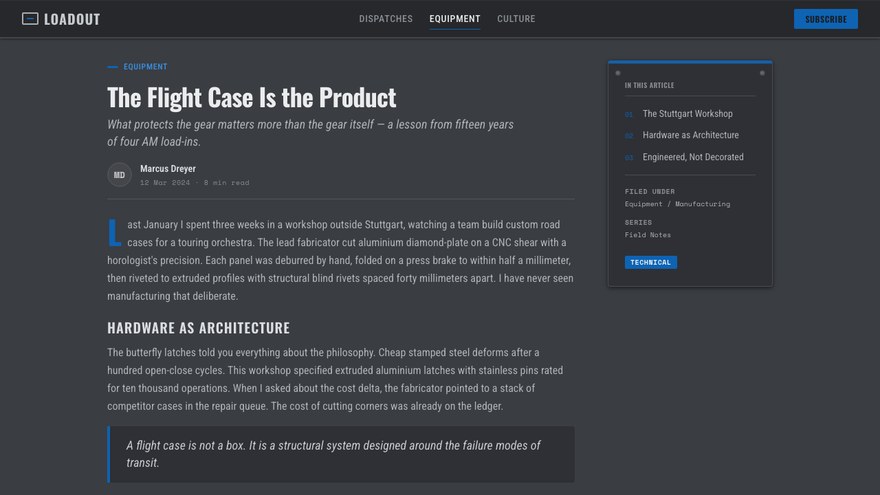 Aluminium Flight Case design style applied to a Article page