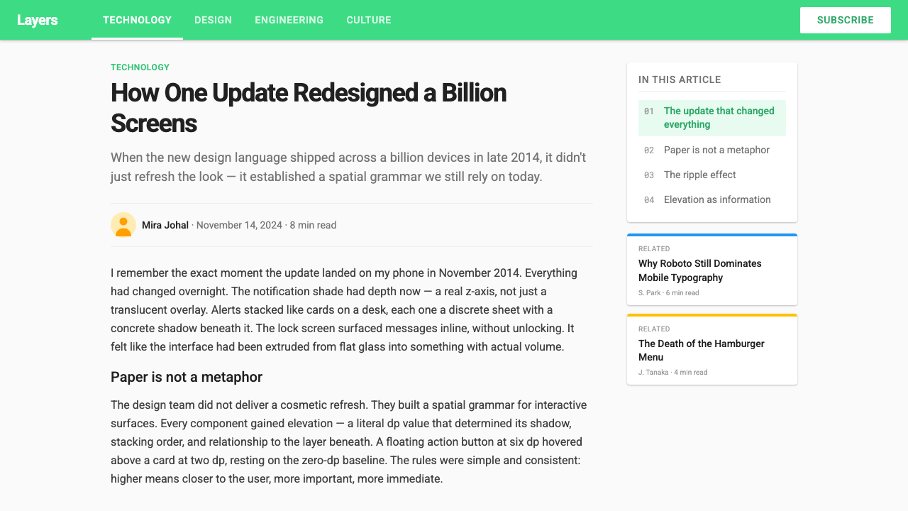 Android Lollipop (Material 1.0) design style applied to a Article page
