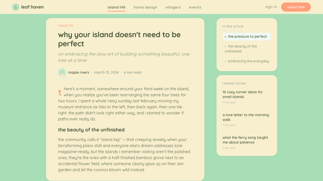 Animal Crossing — New Horizons design style applied to a Article page
