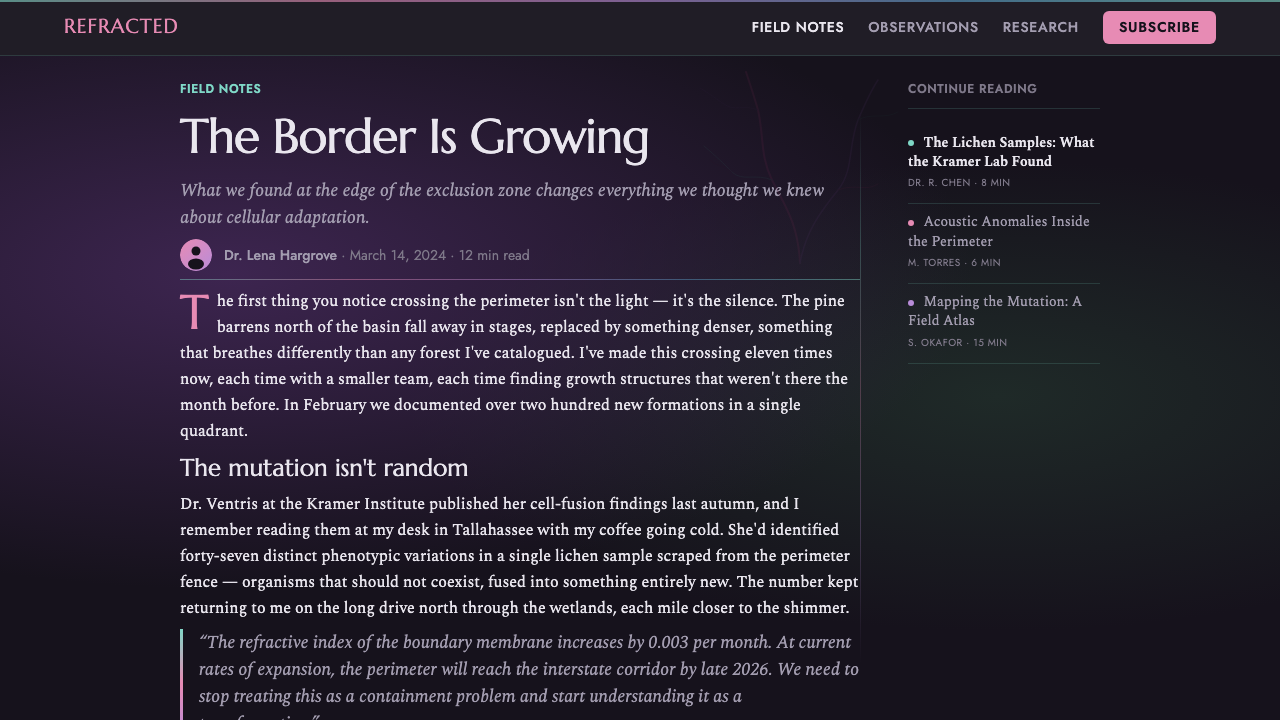 Annihilation (The Shimmer) design style applied to a Article page