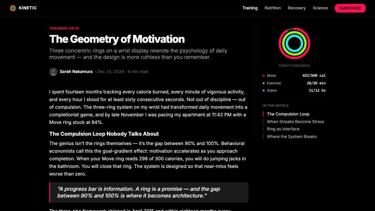 Apple Fitness Rings Closed (2024) design style applied to a Article page