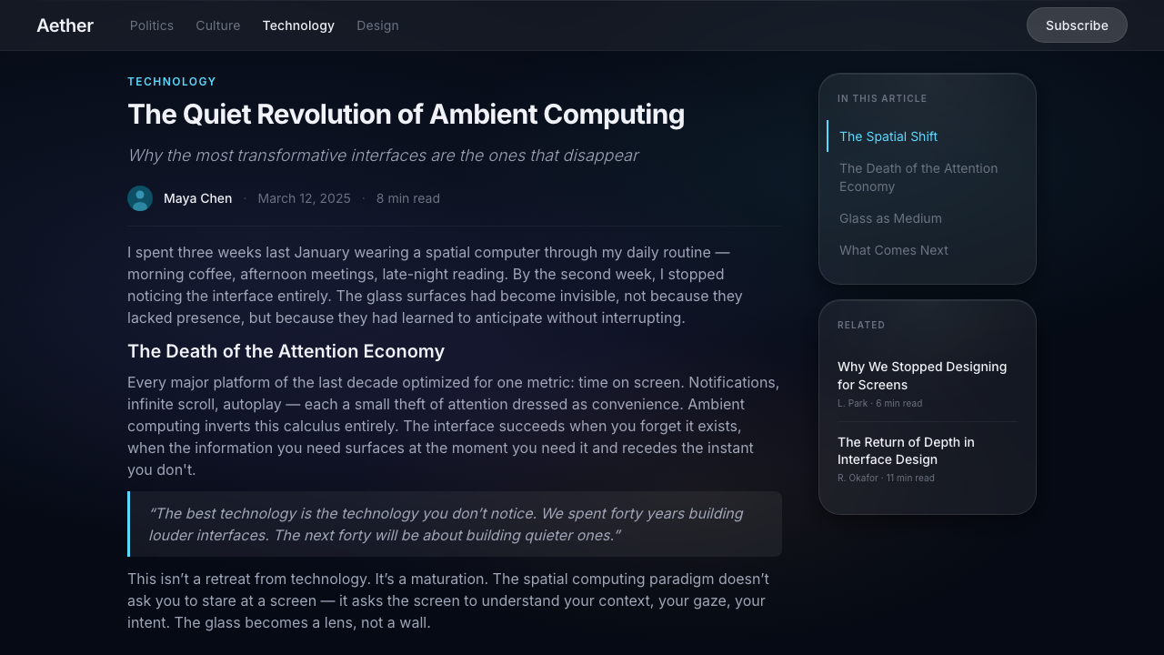 Apple Liquid Glass 2024 design style applied to a Article page
