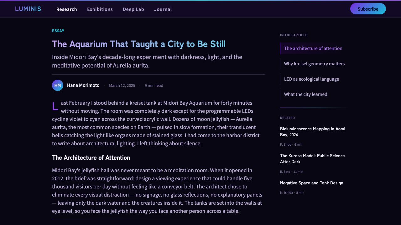 Jellyfish Aquarium Study design style applied to a Article page