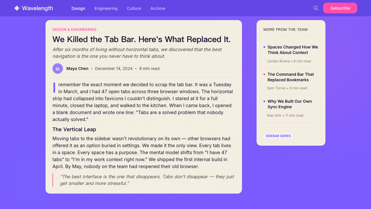Arc Browser design style applied to a Article page