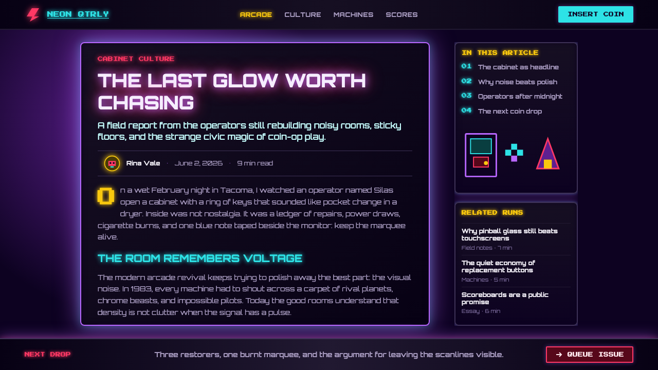 Arcade Cabinet Marquee design style applied to a Article page