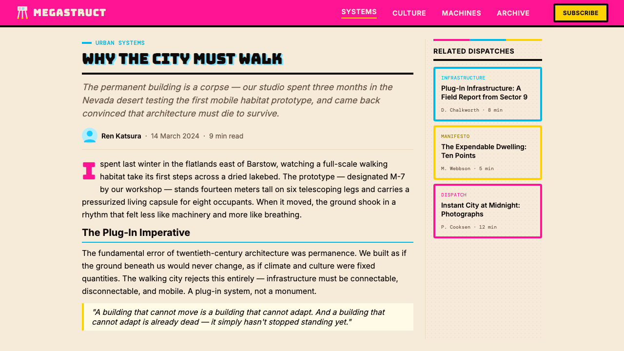 Archigram Walking City (1964) design style applied to a Article page