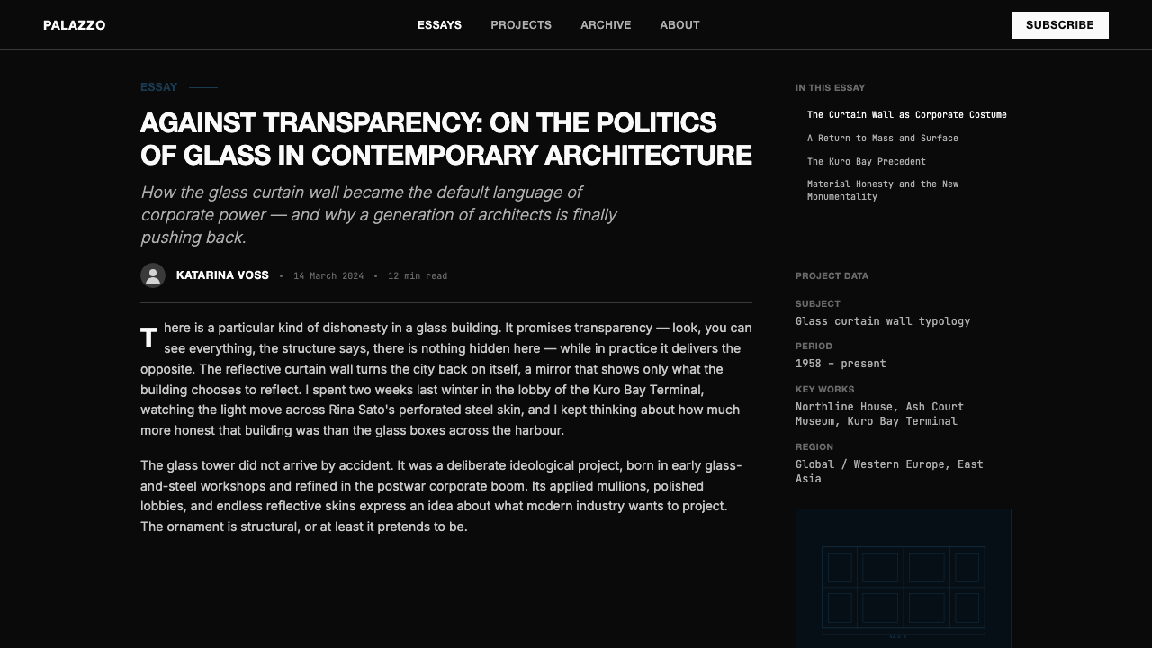 Architect Monograph (Black Edition) design style applied to a Article page