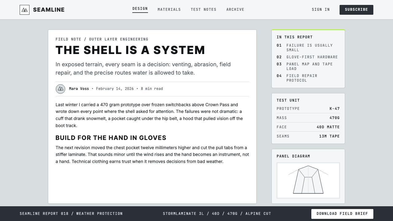 Arc'teryx Technical Outdoor design style applied to a Article page