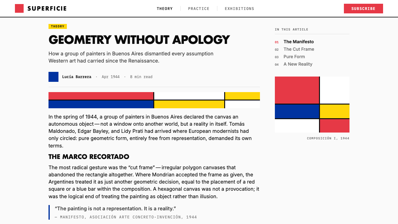 Argentine Arte Concreto design style applied to a Article page