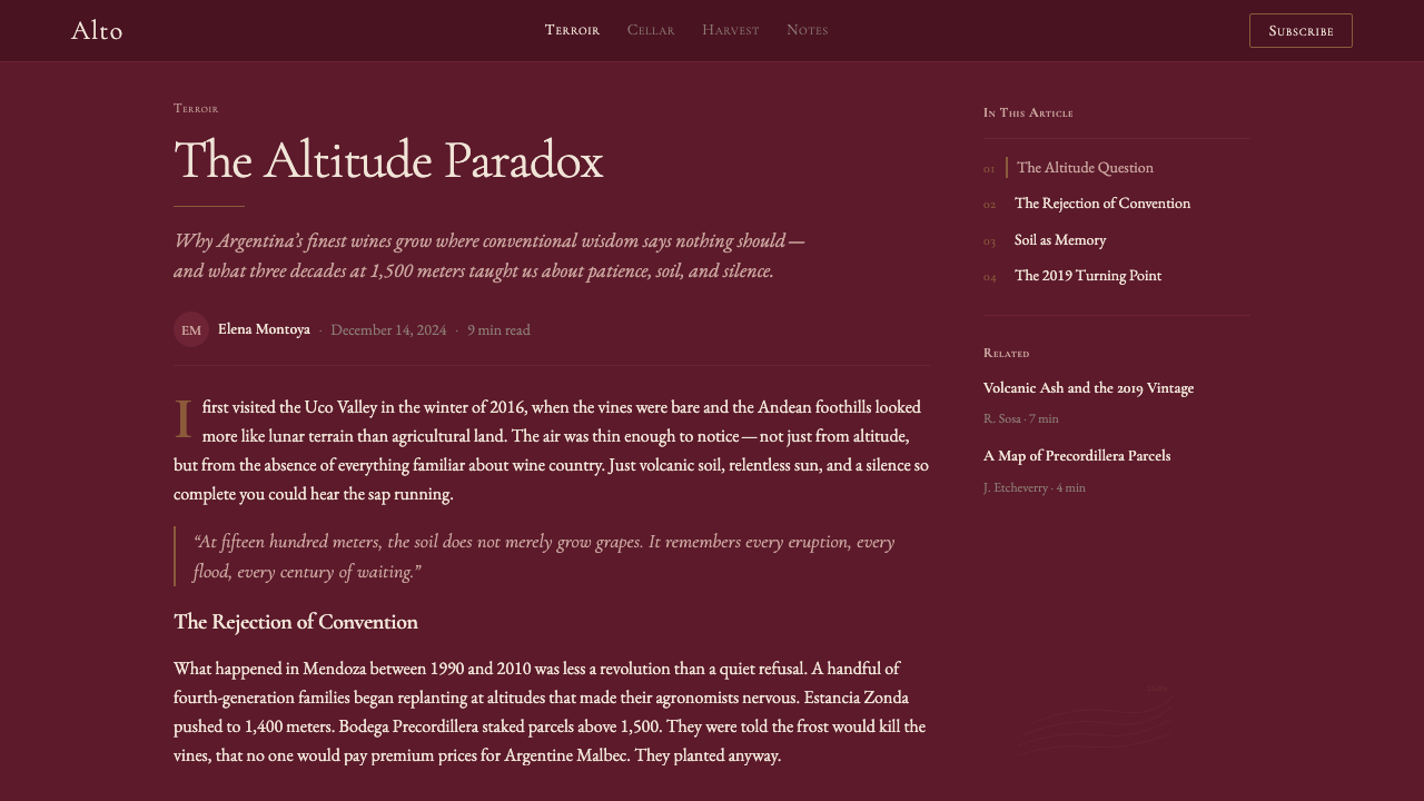 Argentine Malbec Wine design style applied to a Article page