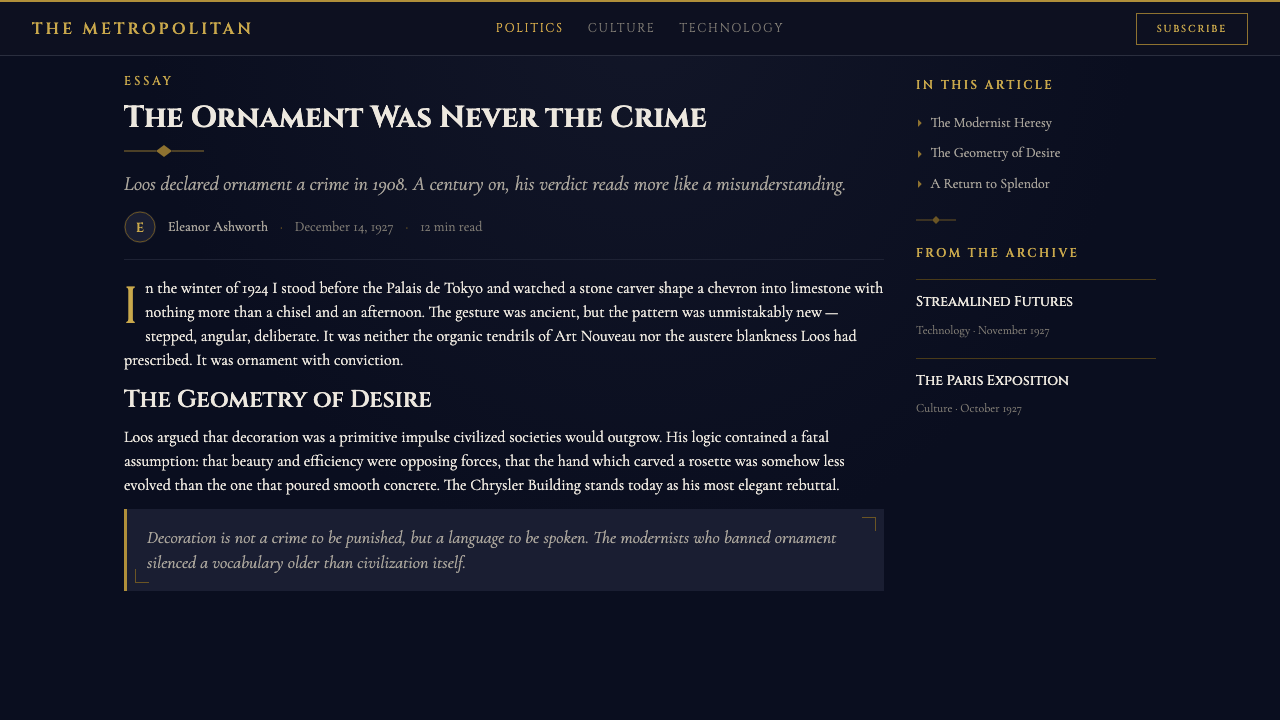 Art Deco Jazz Age design style applied to a Article page