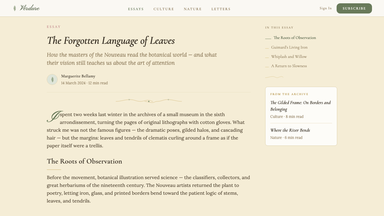 Art Nouveau (Mucha) design style applied to a Article page