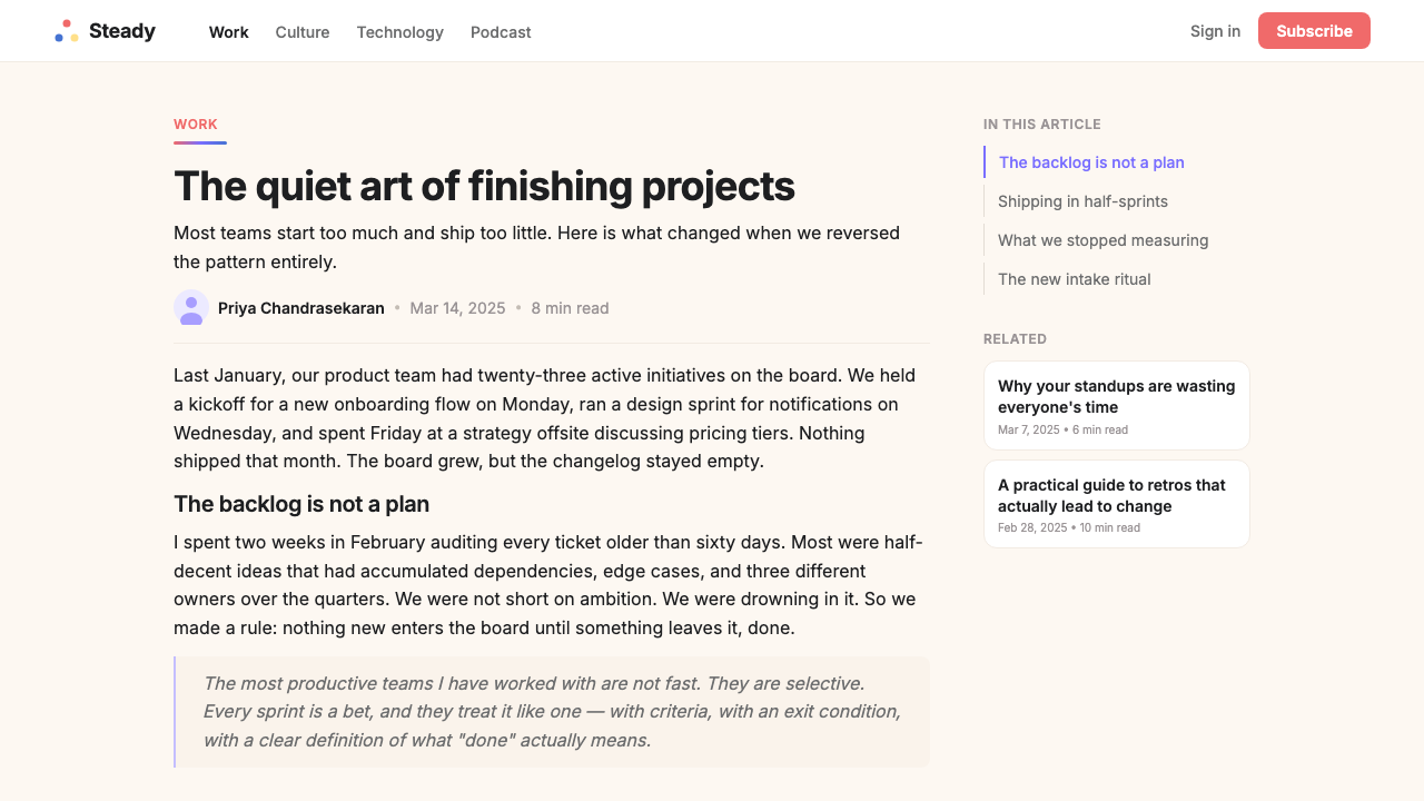 Asana design style applied to a Article page