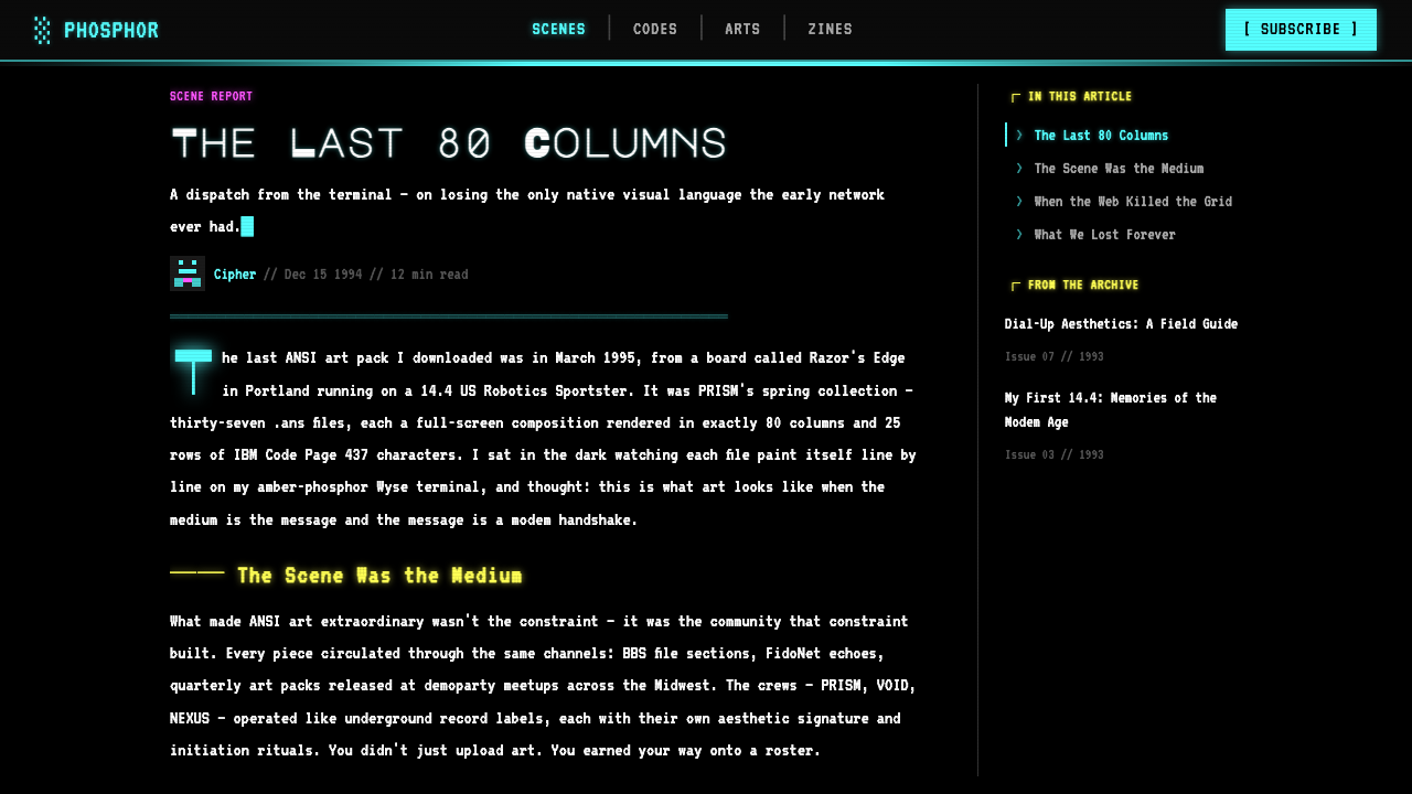 ASCII Art BBS (1992) design style applied to a Article page