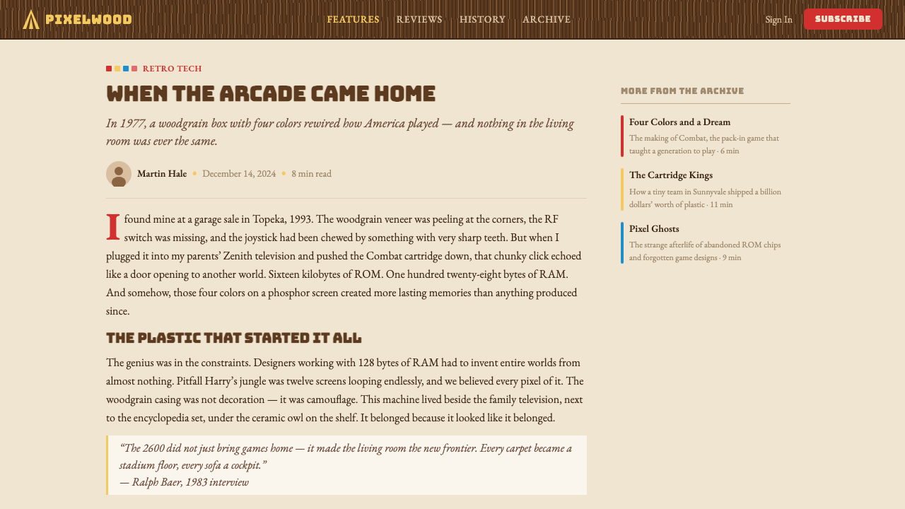 Atari 2600 (Woodgrain) design style applied to a Article page