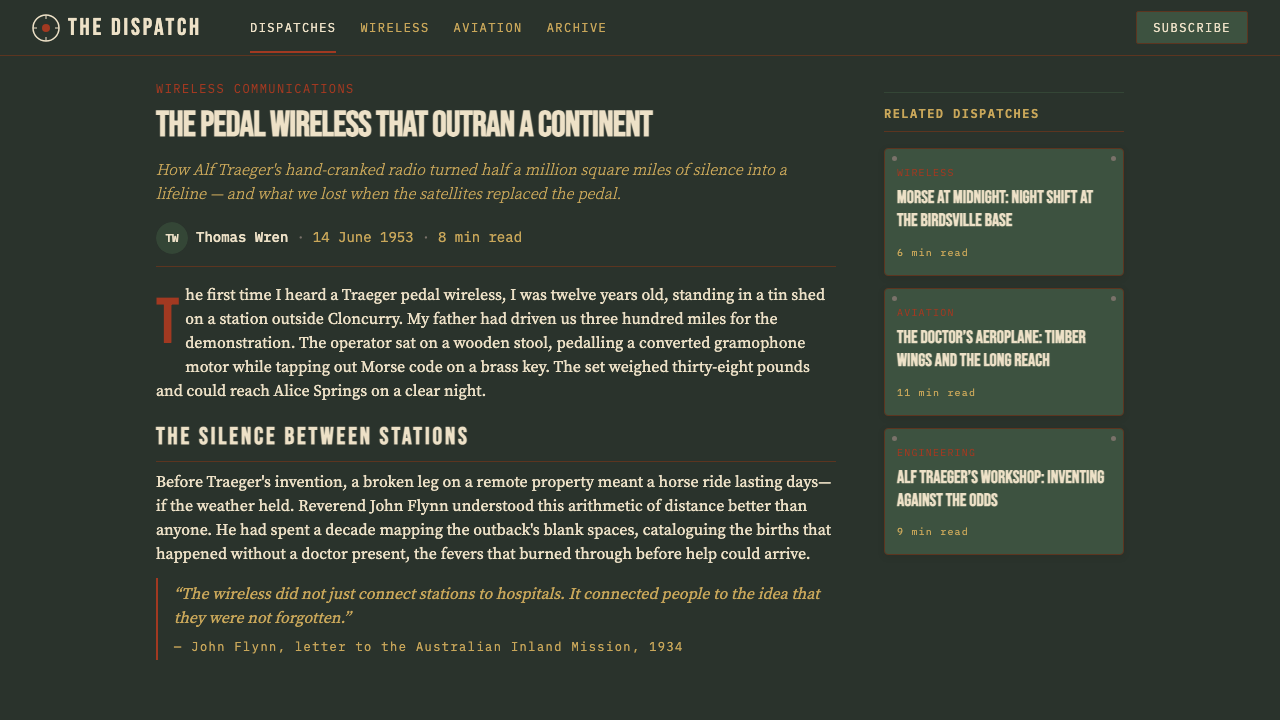 Australian Flying Doctor Radio design style applied to a Article page