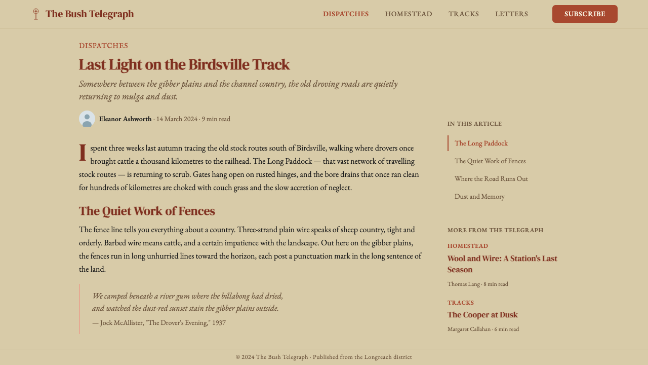 Australian Outback Vernacular design style applied to a Article page