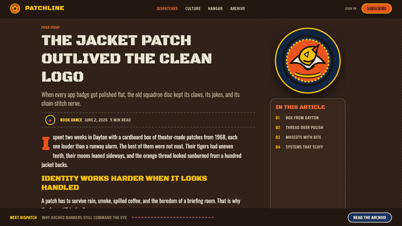Squadron Patch design style applied to a Article page