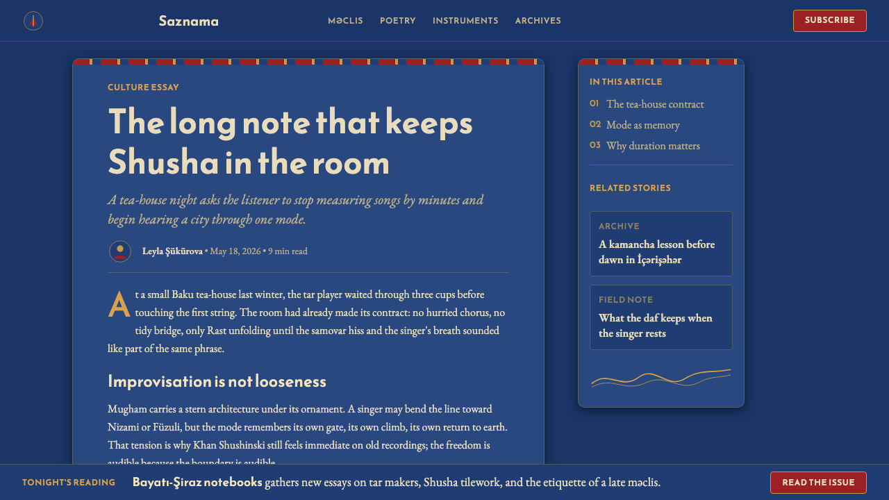 Azerbaijani Mugham Saz Blue design style applied to a Article page