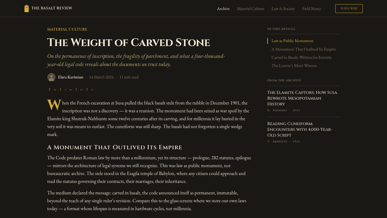 Babylonian Hammurabi Stele design style applied to a Article page