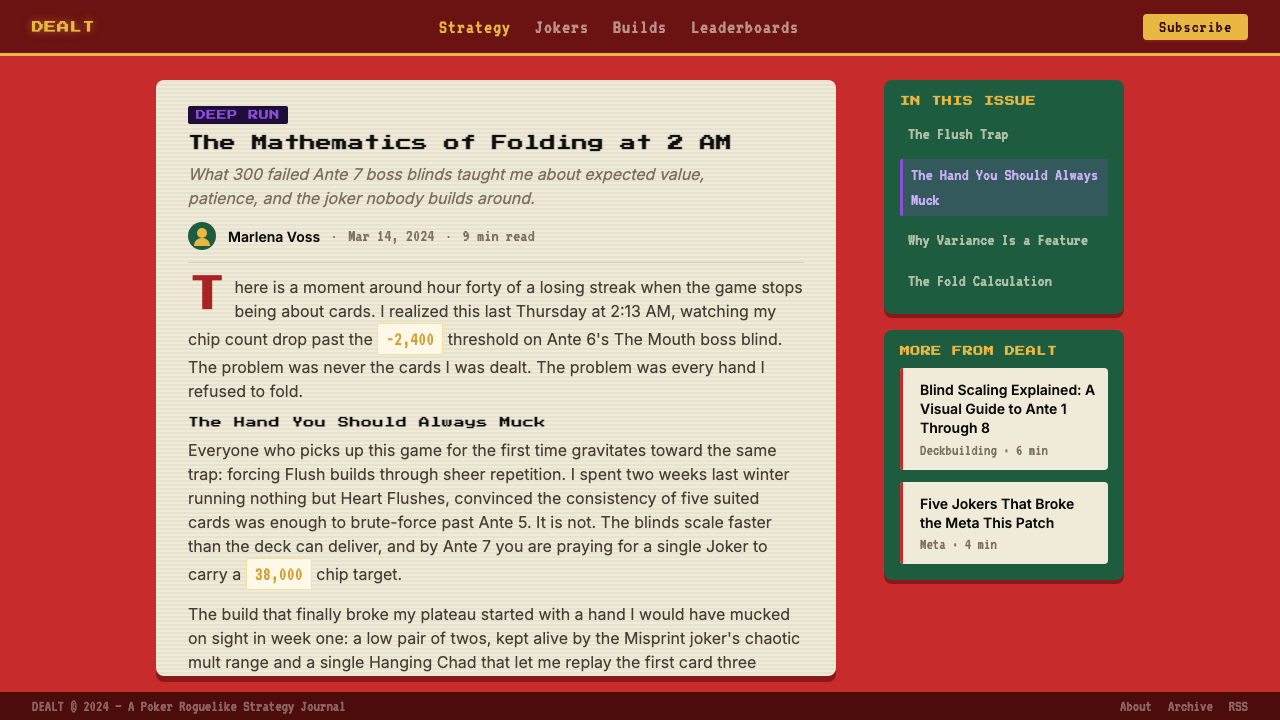 Balatro Poker Roguelike design style applied to a Article page