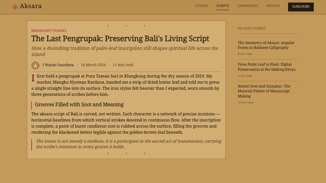 Balinese Lontar design style applied to a Article page