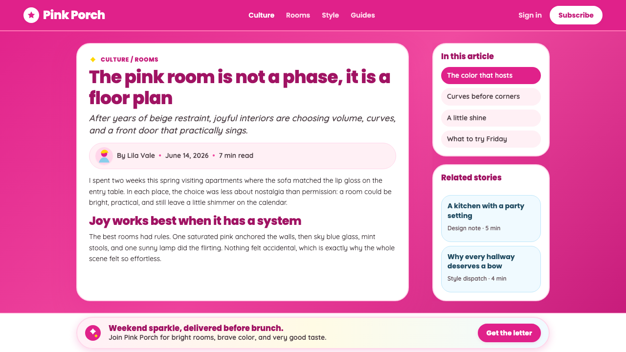 Barbie Dreamhouse design style applied to a Article page