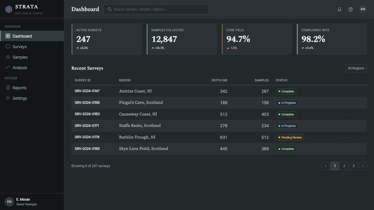 Giant's Causeway Basalt design style applied to a Dashboard