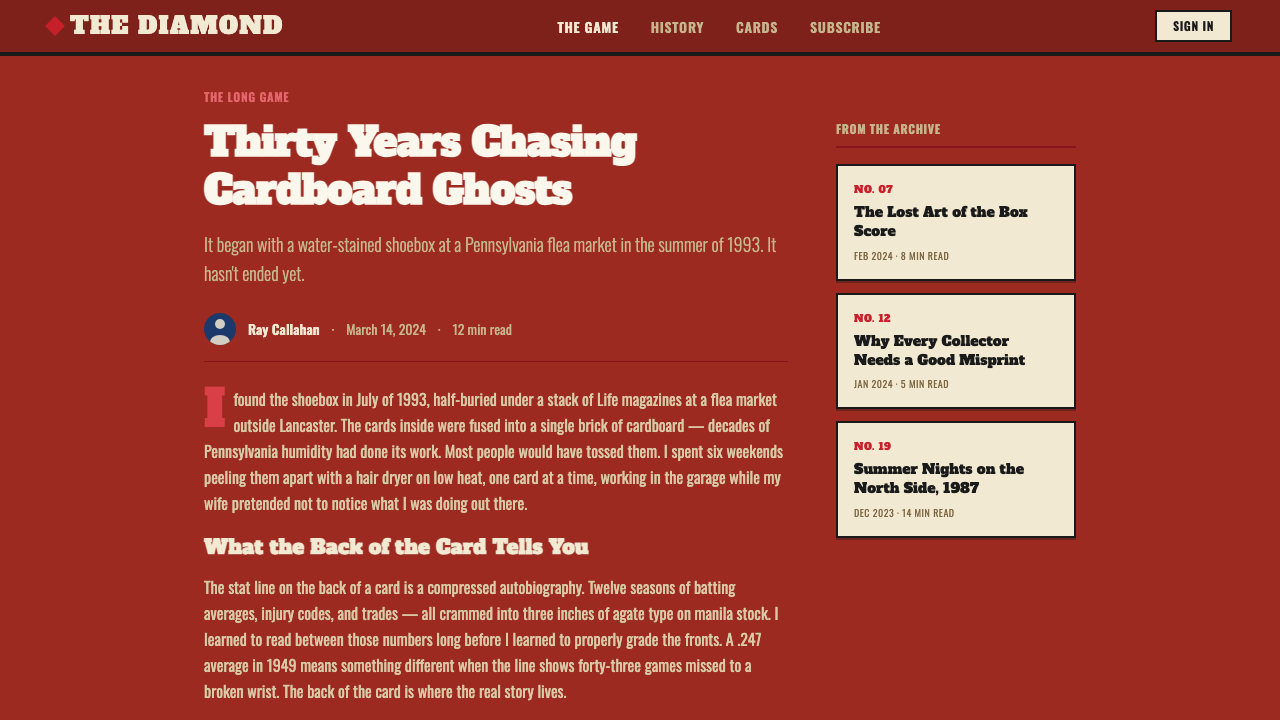 Topps Baseball Card design style applied to a Article page