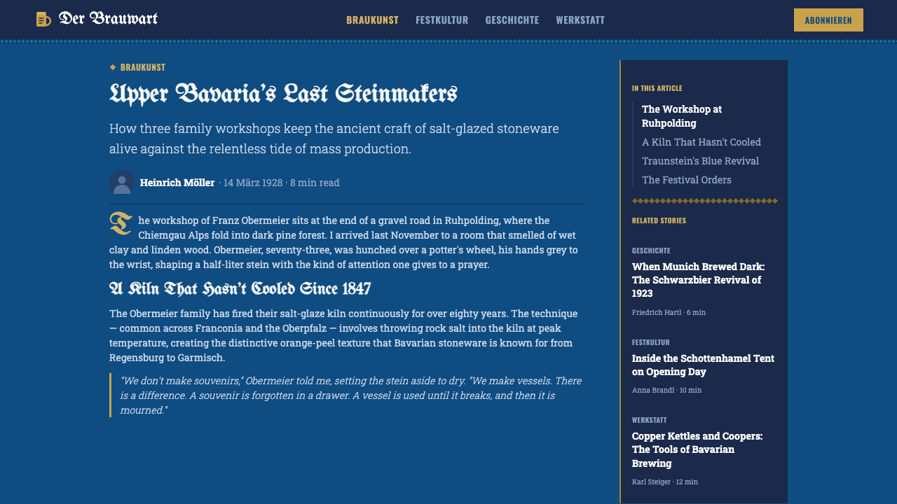 Bavarian Beer Hall design style applied to a Article page