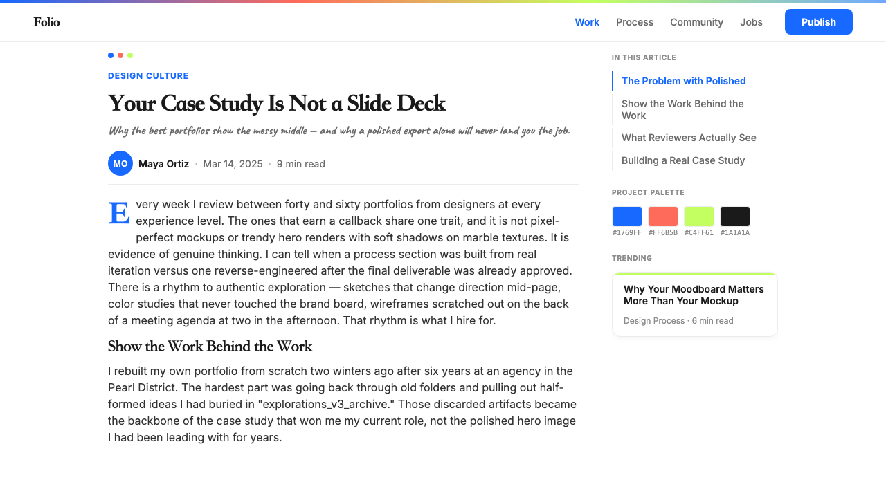 Behance Maximalist Portfolio design style applied to a Article page