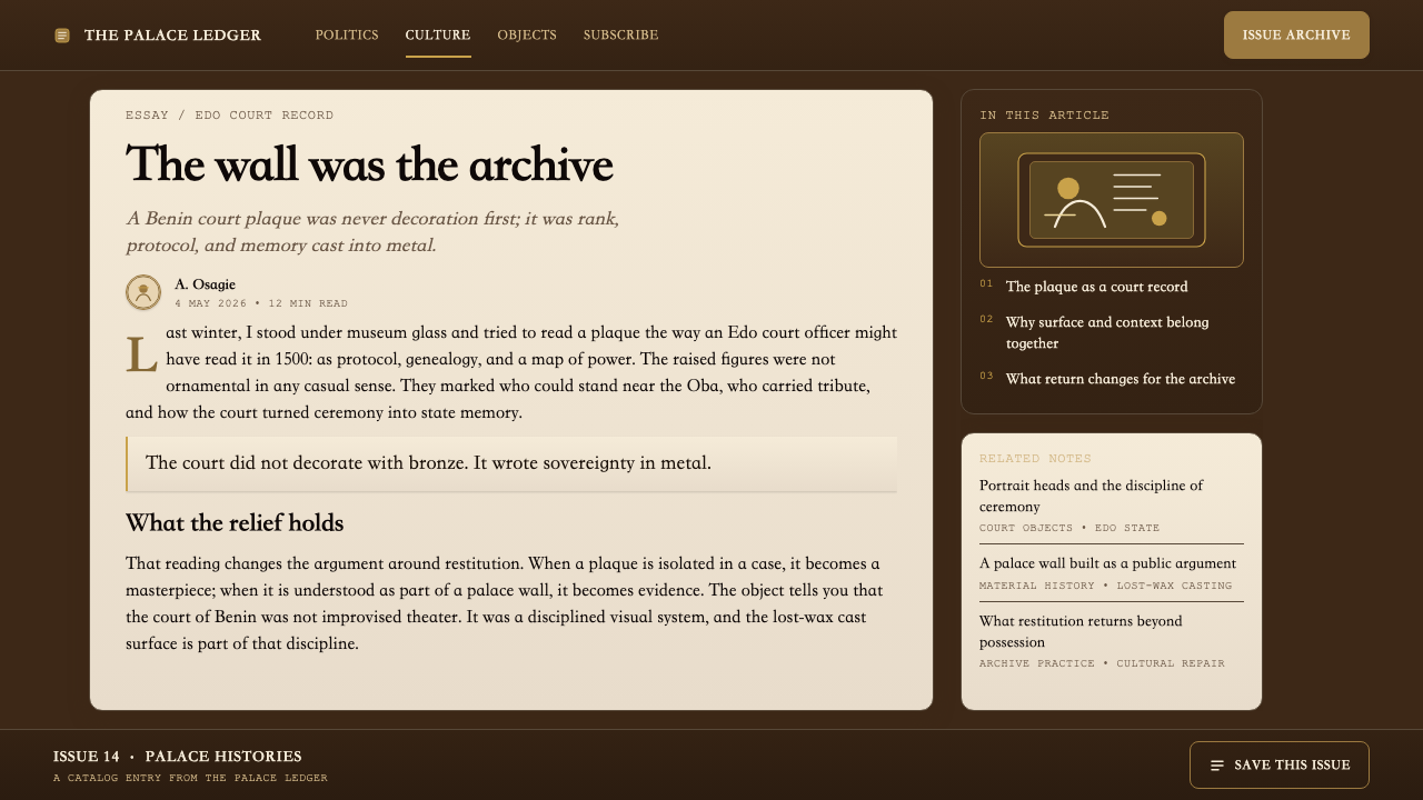 Benin Bronze (Edo, 1500) design style applied to a Article page