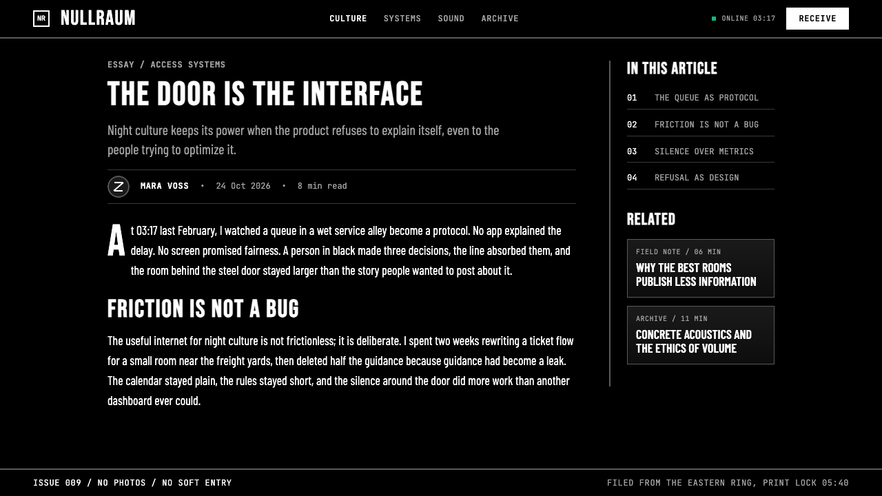 Berlin Techno (Berghain era) design style applied to a Article page
